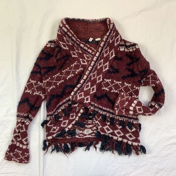 Anthropologie Moth Vera Fringe Cardigan XS S Sweater Aztec Cotton Red Cream Fall - Picture 4 of 15